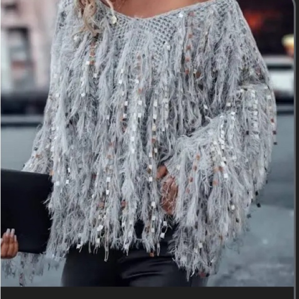 Gray Fringe Sweater